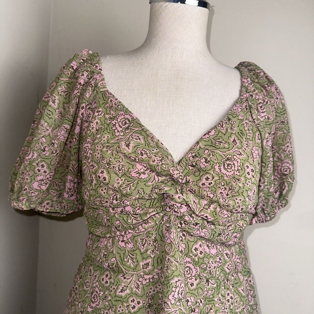 NWT Japna Olive Green Pink Floral Smocked Dress Puffy Sleeves Size X-Large NEW7 - Picture 2 of 9